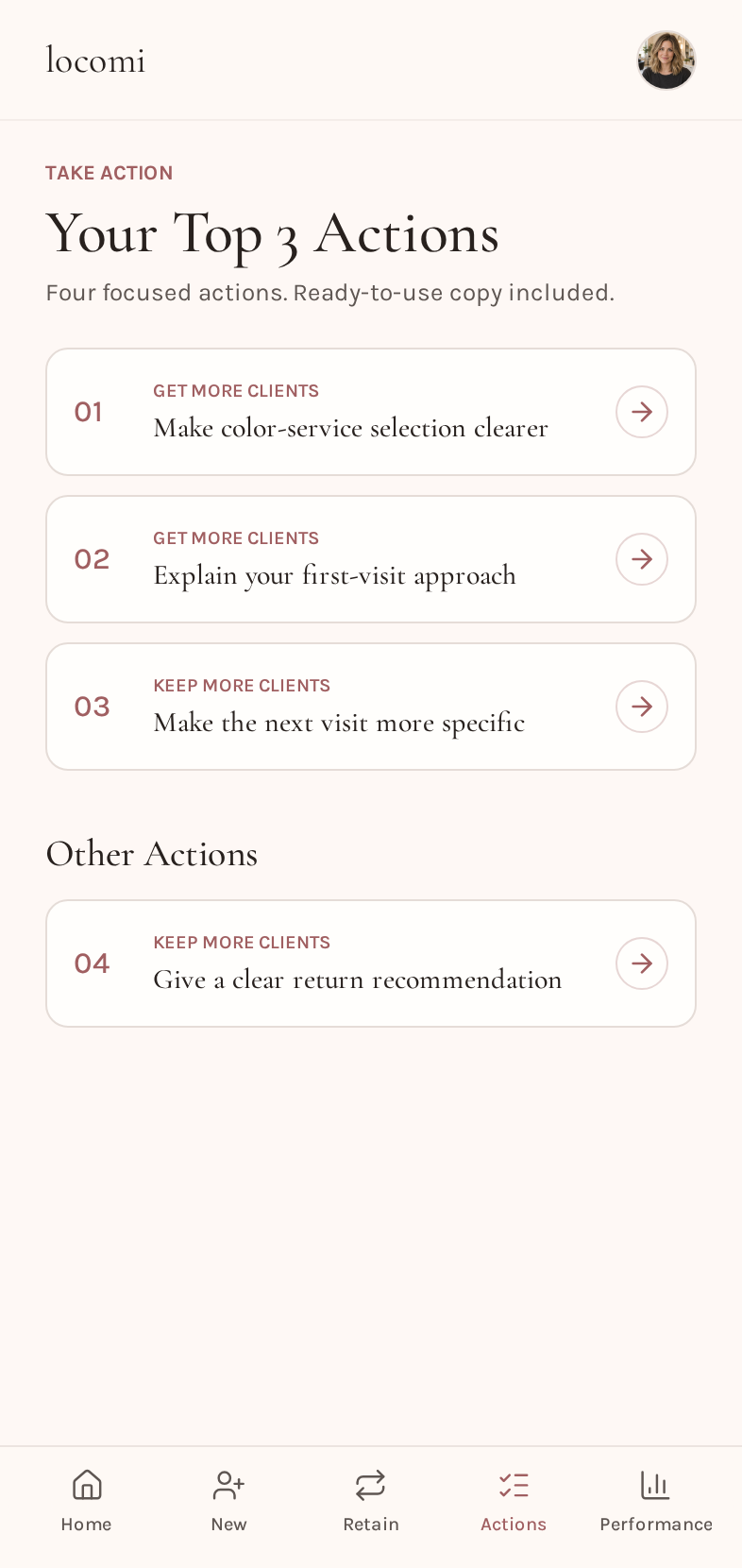 locomi Take Action screen